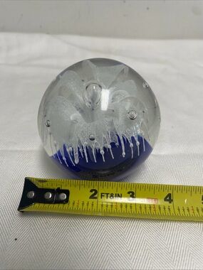 VTG Hand Blown Art Glass Controlled Bubble Paperweight White Flower 2.5 lbs